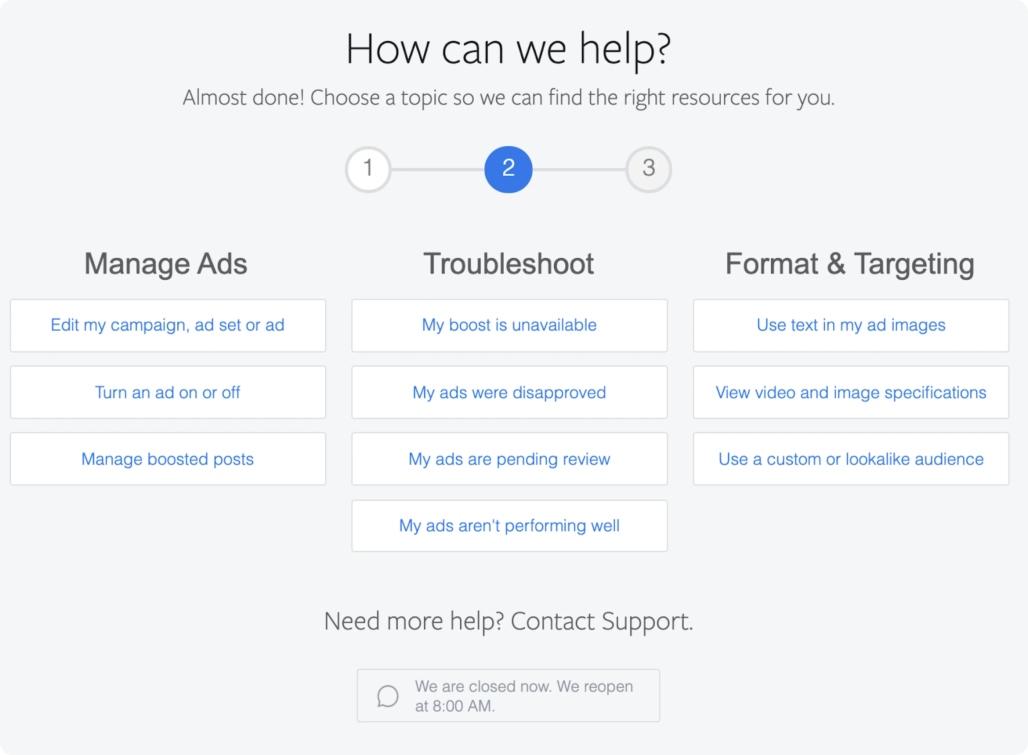 Screenshot of the Facebook Help Center showing the troubleshoot page with my ads pending review as one of the main issues.