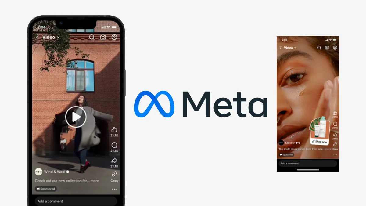 Two Instagram feed posts are shown on screens with the Meta logo centered between them, highlighting Meta’s advertising presence on Instagram.