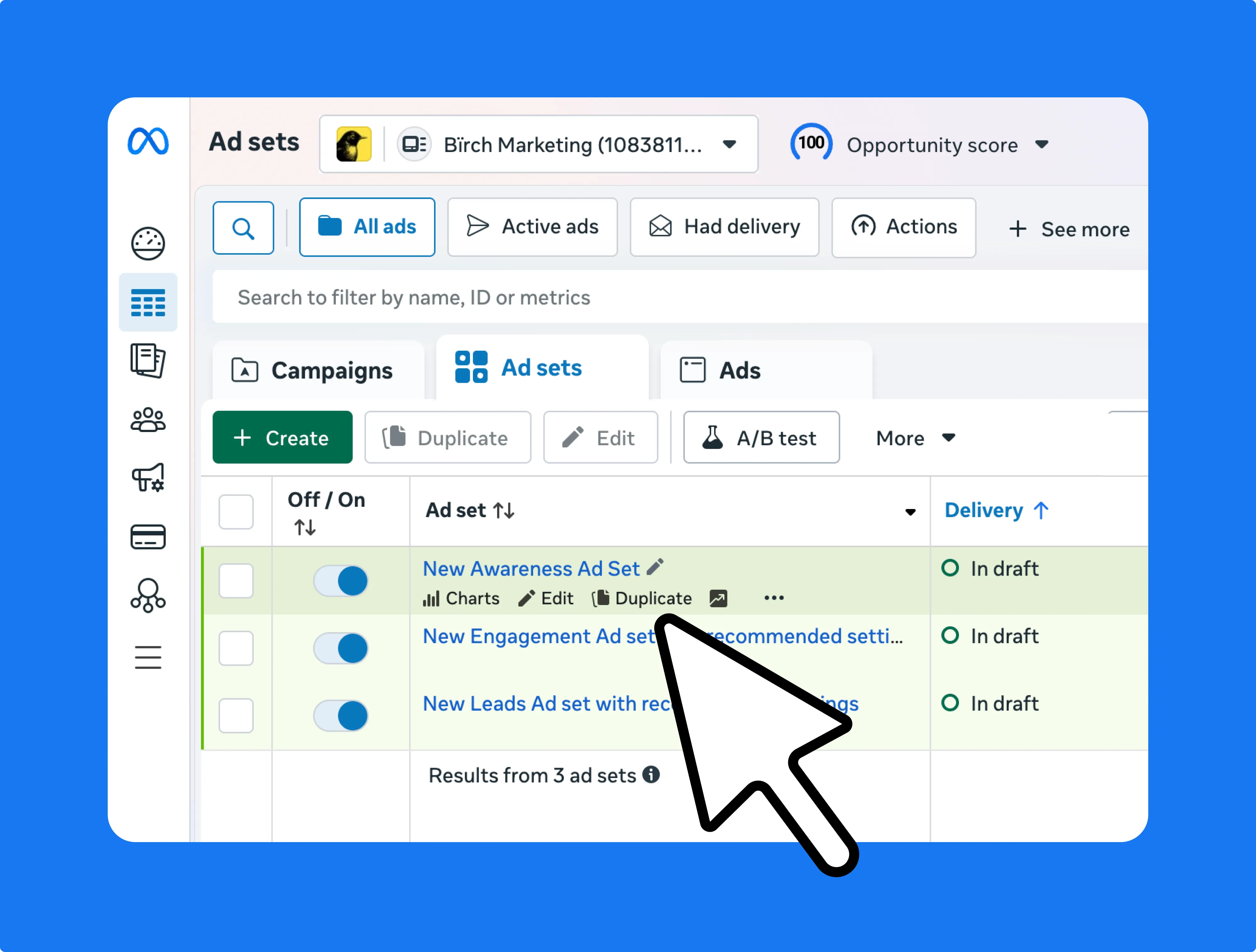 meta ads manager interface with duplicate option highlighted