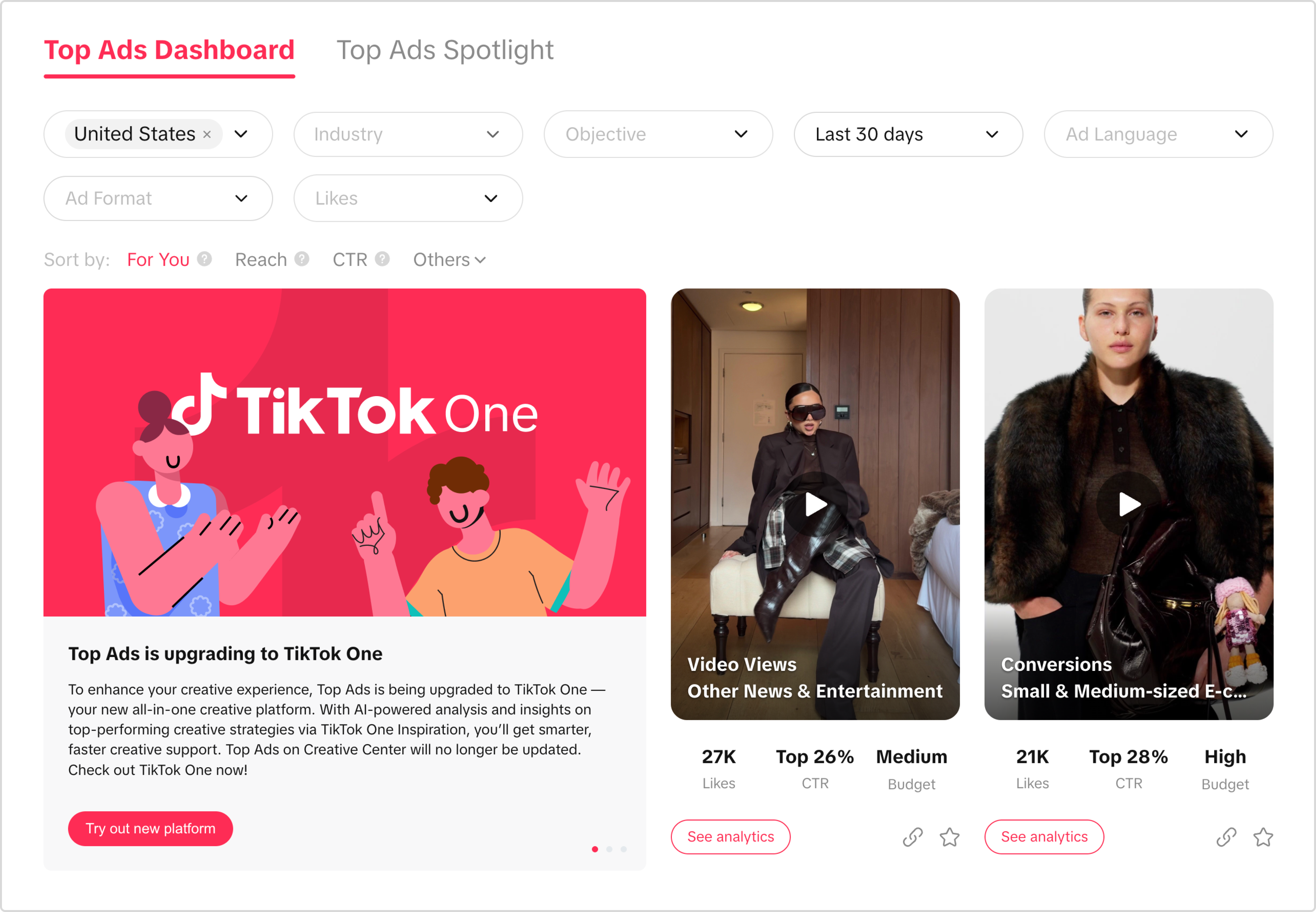 TikTok Creative Center Top Ads Dashboard with filters for country, industry, objective, time range, ad format, likes, and ad language.