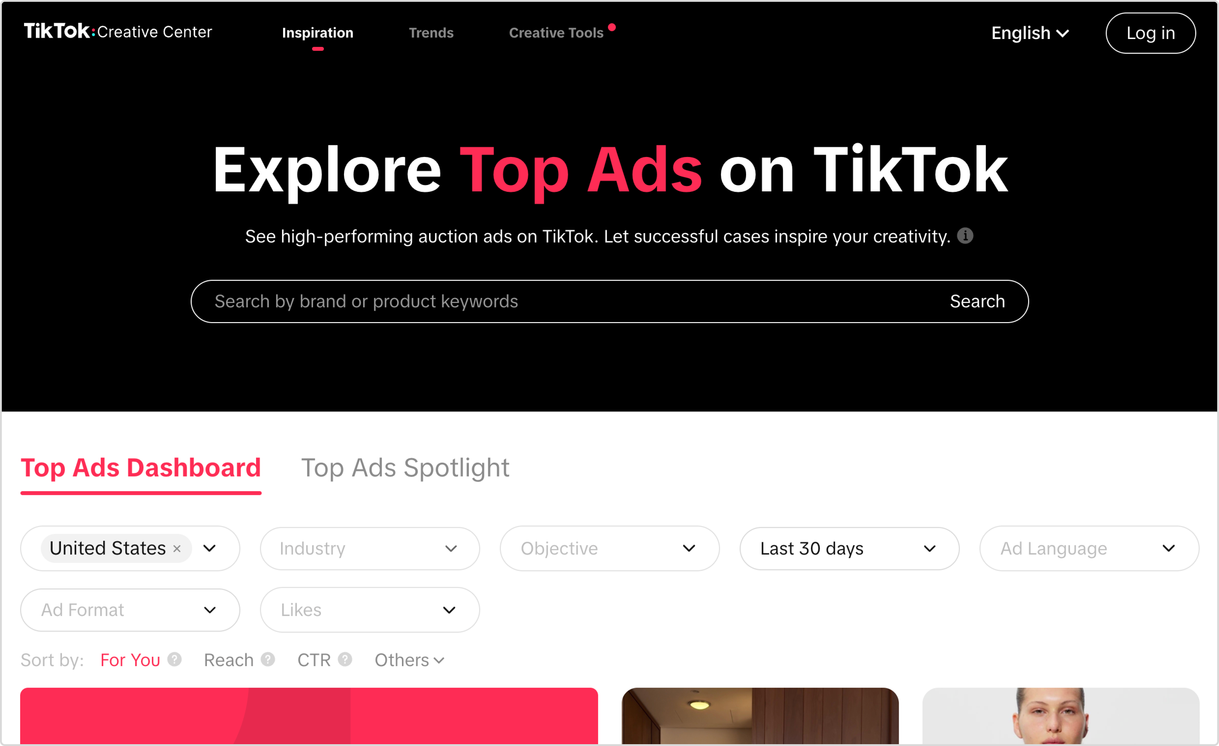 TikTok Creative Center Top Ads dashboard with search bar and filters for country, industry, objective, time range, ad format, likes, and ad language