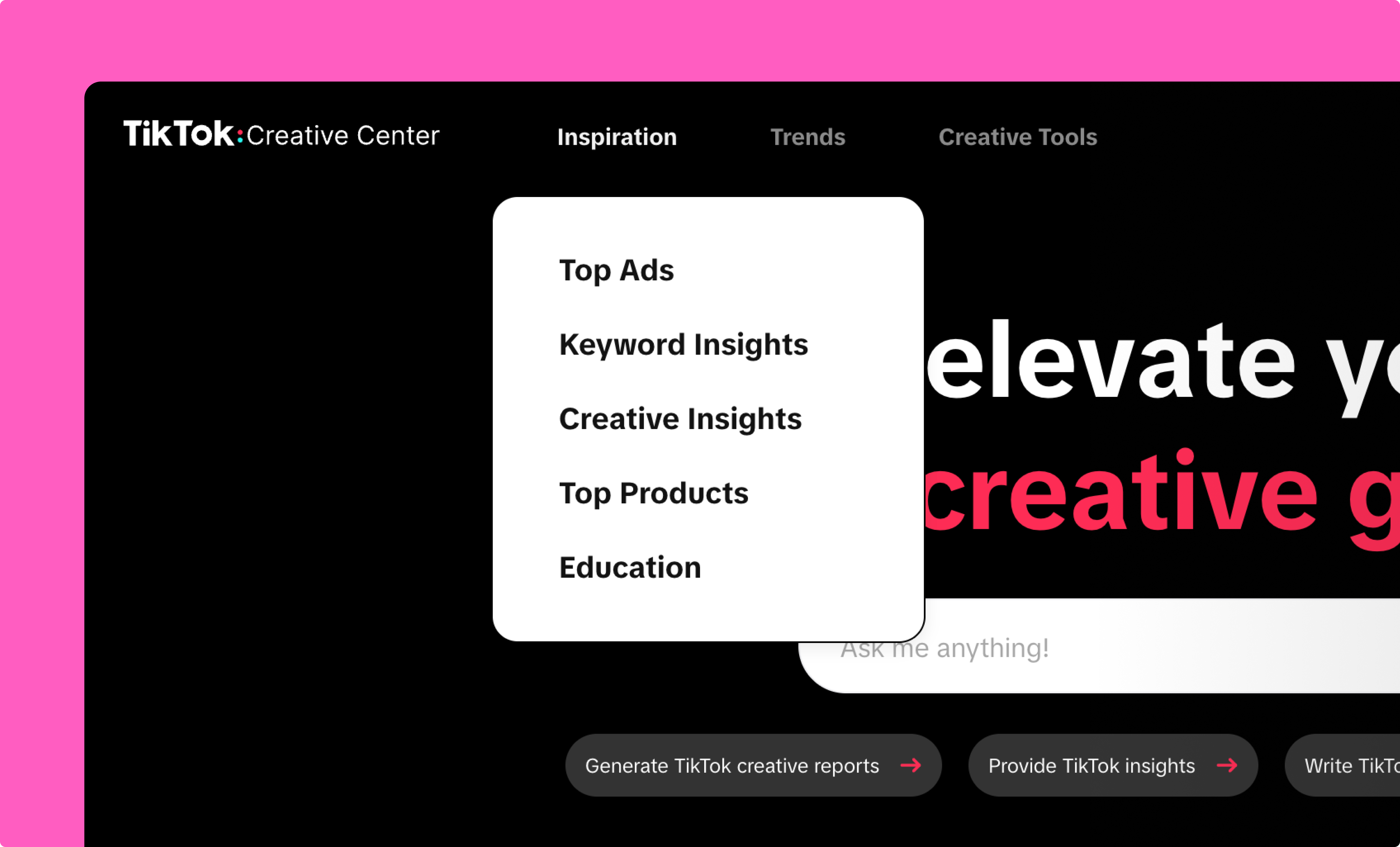 TikTok Creative Center homepage showing navigation tabs for Inspiration, Trends, and Creative Tools