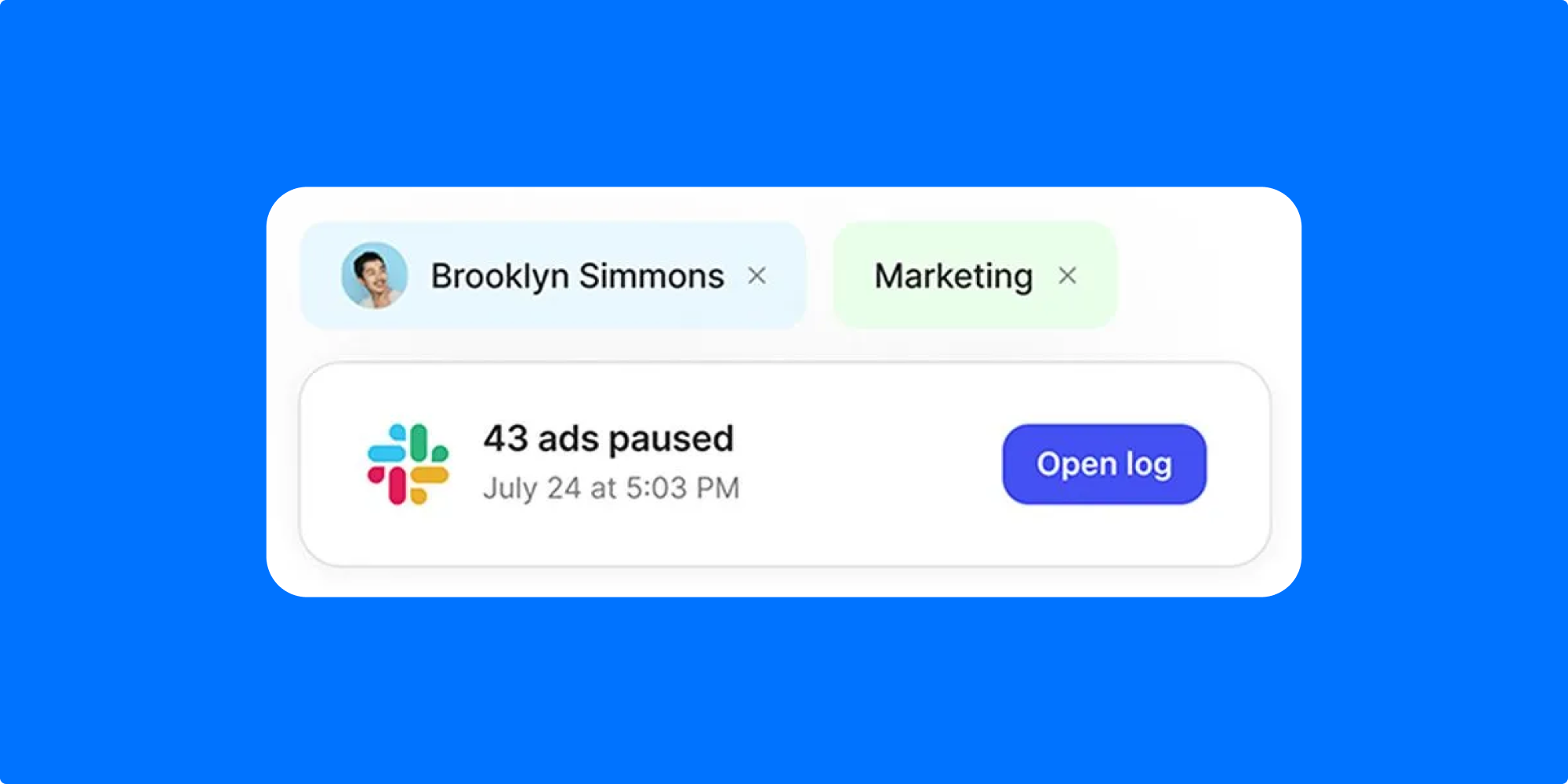 Slack notification from Bïrch alert showing “43 ads paused” with timestamp and option to open the activity log.