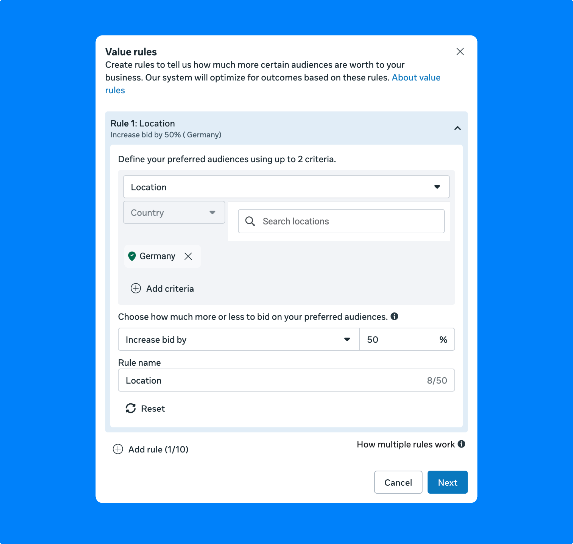 Meta Ads Manager’s value rules setup interface showing options to define preferred audiences by location or city