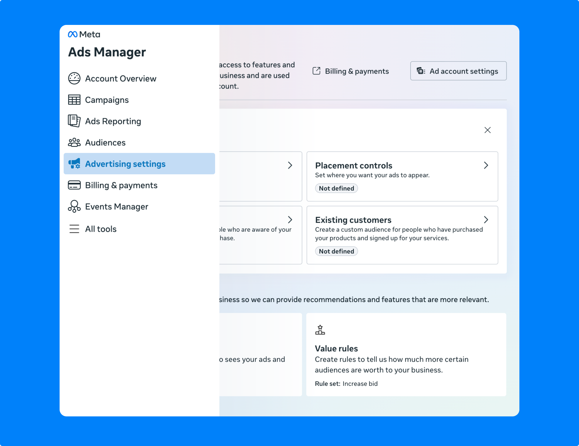 Meta Ads Manager interface showing the advertising settings page with options including value rules, account controls, audience segments, verifications and ad transparency, name templates, and social information.