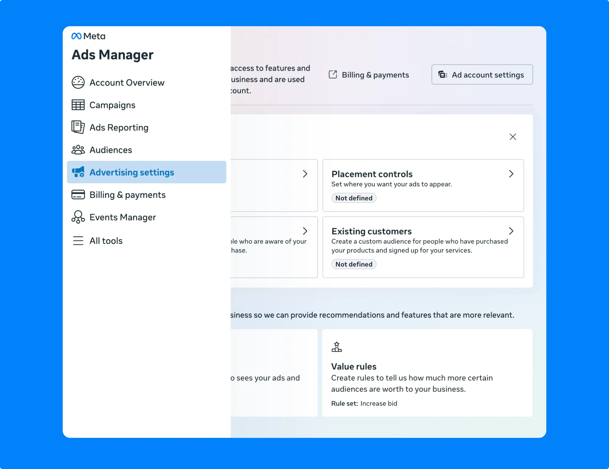 Meta Ads Manager interface showing the advertising settings page with options including value rules, account controls, audience segments, verifications and ad transparency, name templates, and social information.