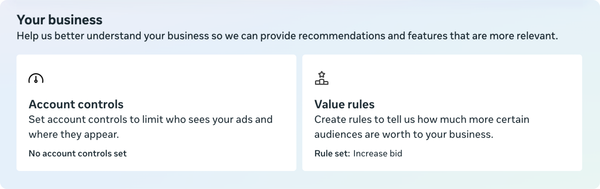 Meta Ads Manager interface showing the value rules section