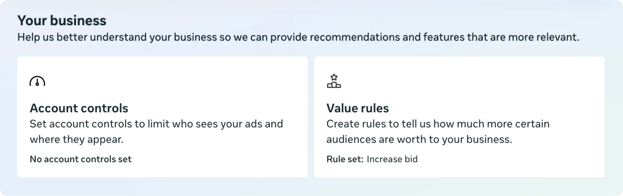 Meta Ads Manager interface showing the value rules section