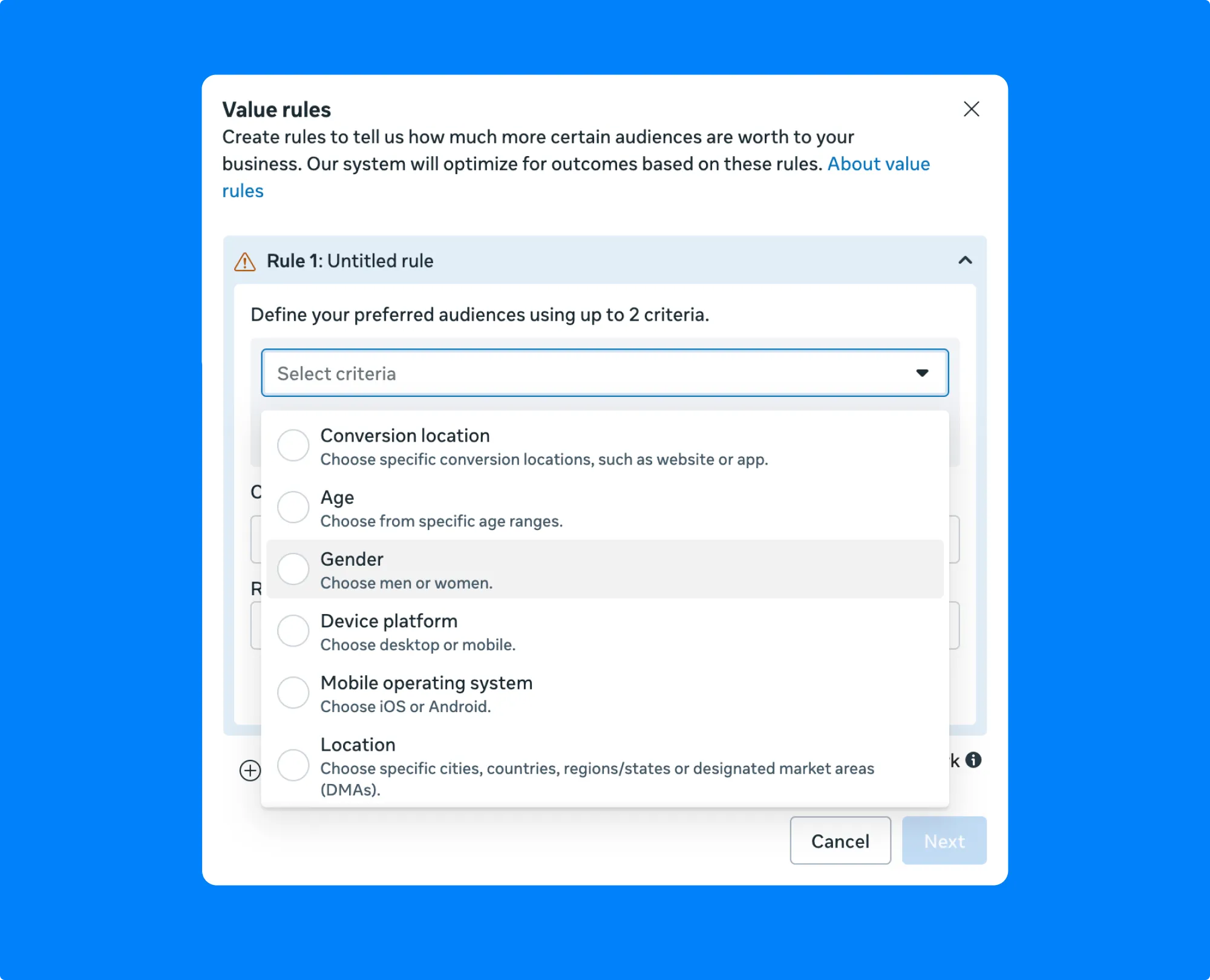 Meta Ads Manager value rules setup window showing options to define preferred audiences by criteria