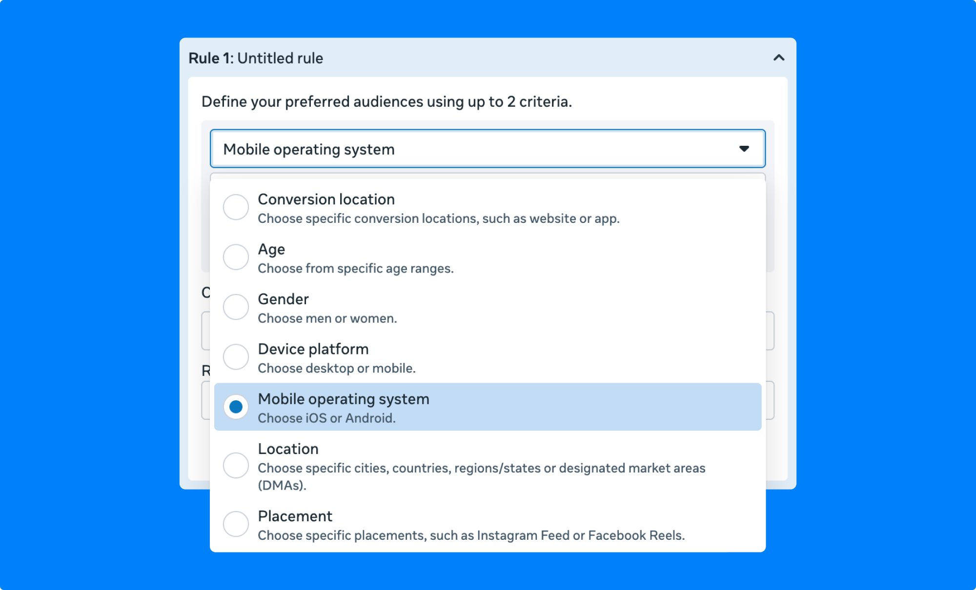 Meta Ads Manager’s value rules setup menu showing audience criteria options