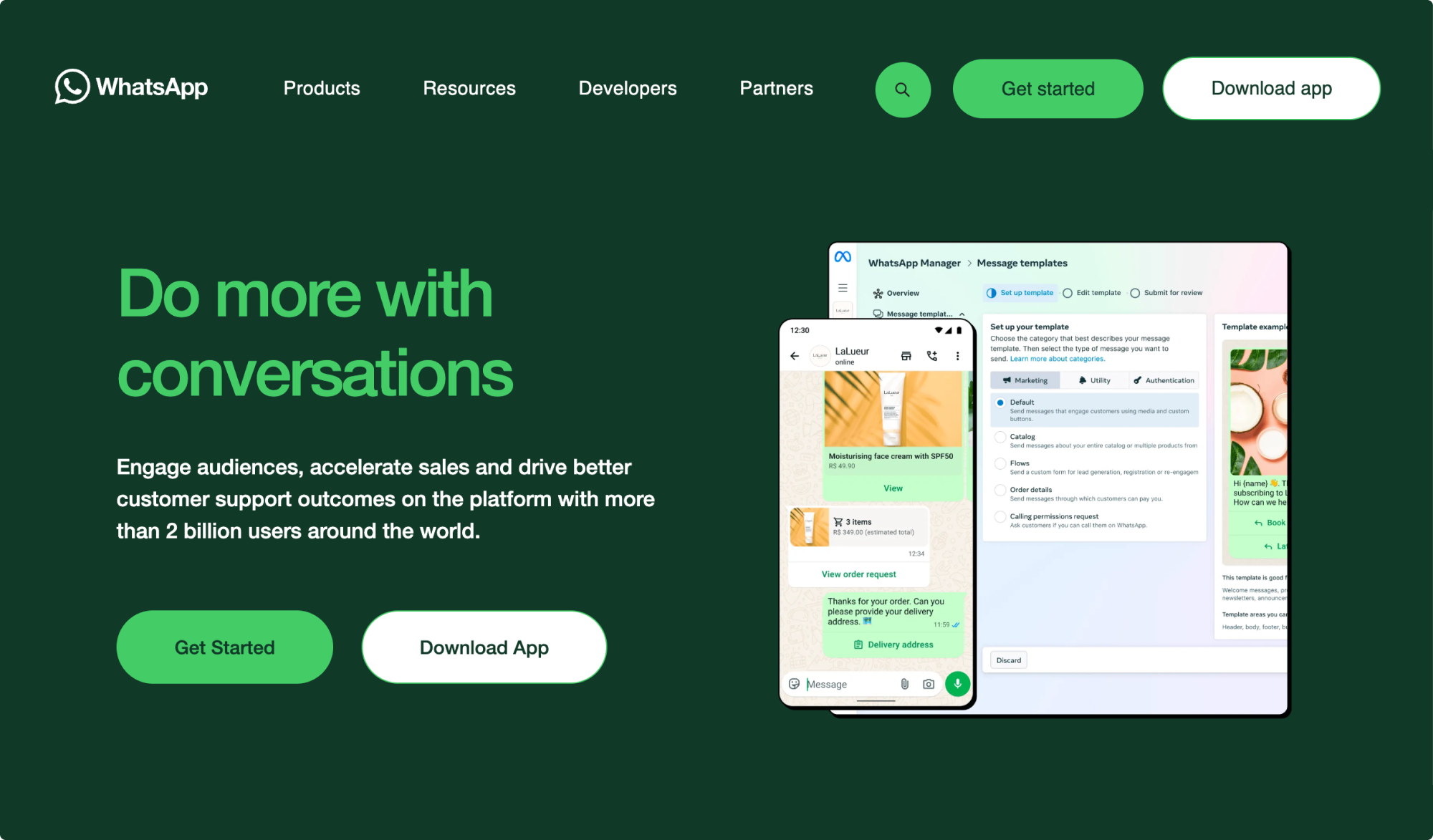 WhatsApp Business platform homepage featuring chat interface examples and setup tools for marketing and customer communication.