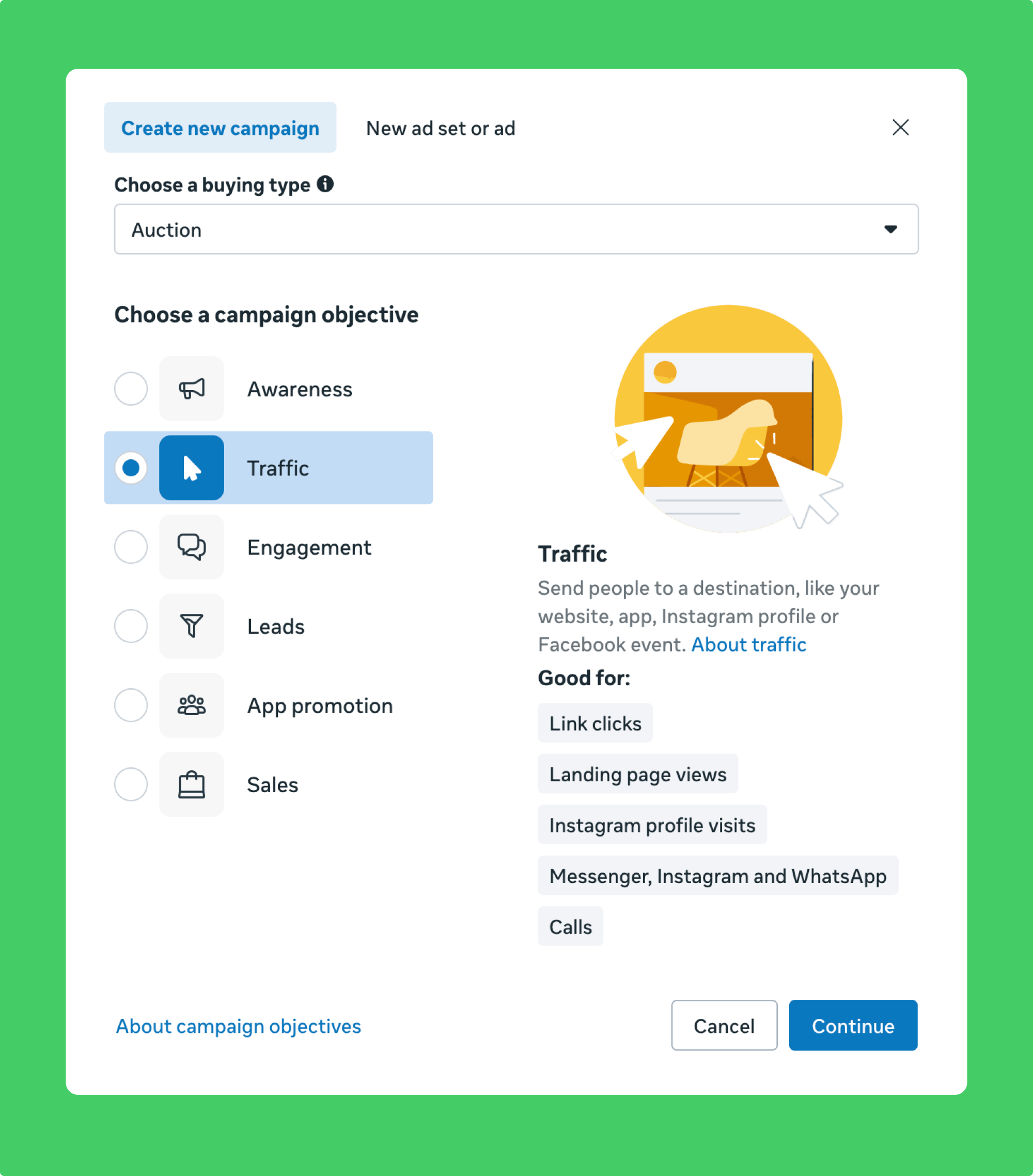Meta Ads Manager interface displaying campaign objectives and the selected “Traffic” option for setting up click-to-WhatsApp ads.