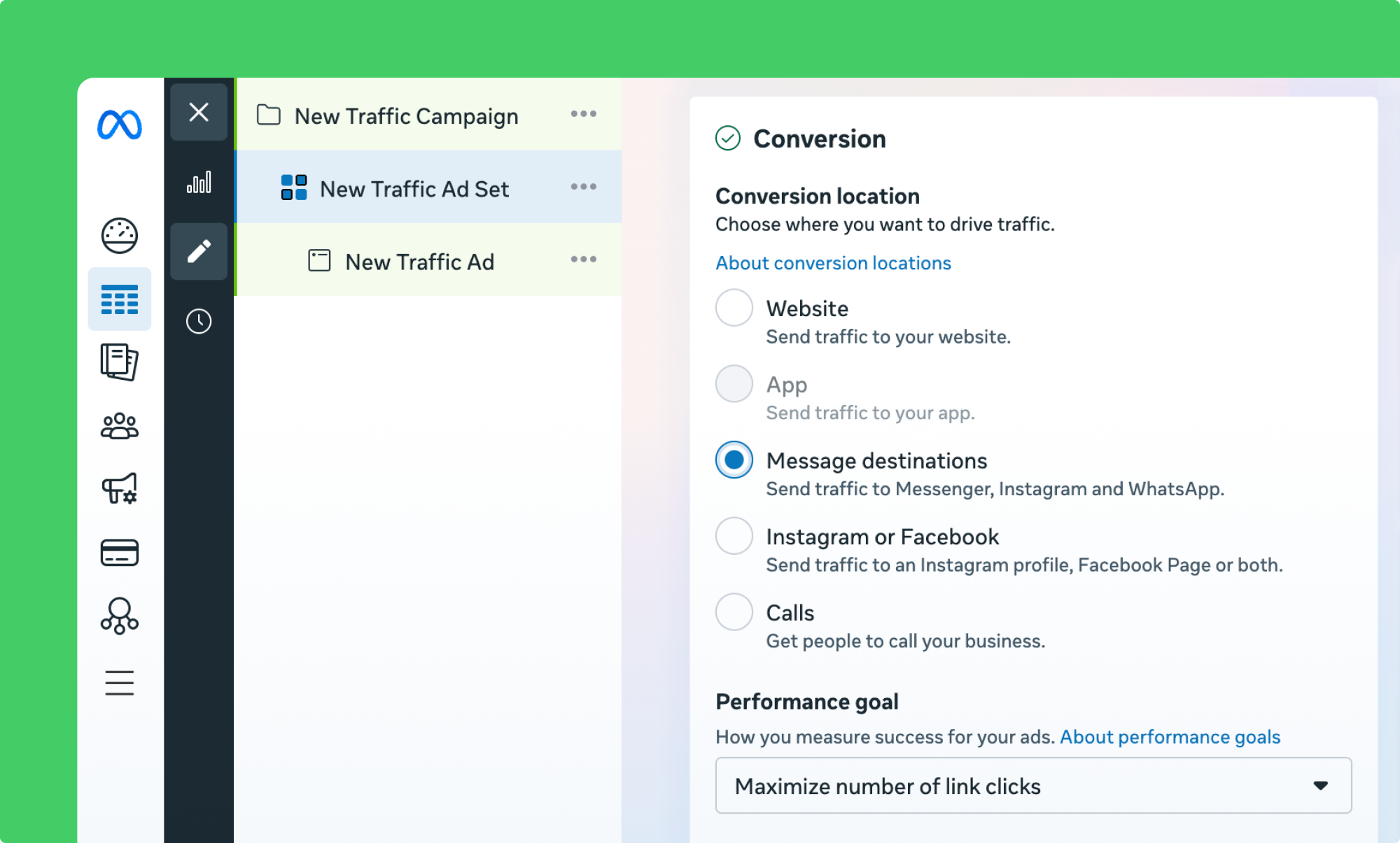 Meta Ads Manager setup view displaying the “Conversion location” options, with “Message destinations” selected