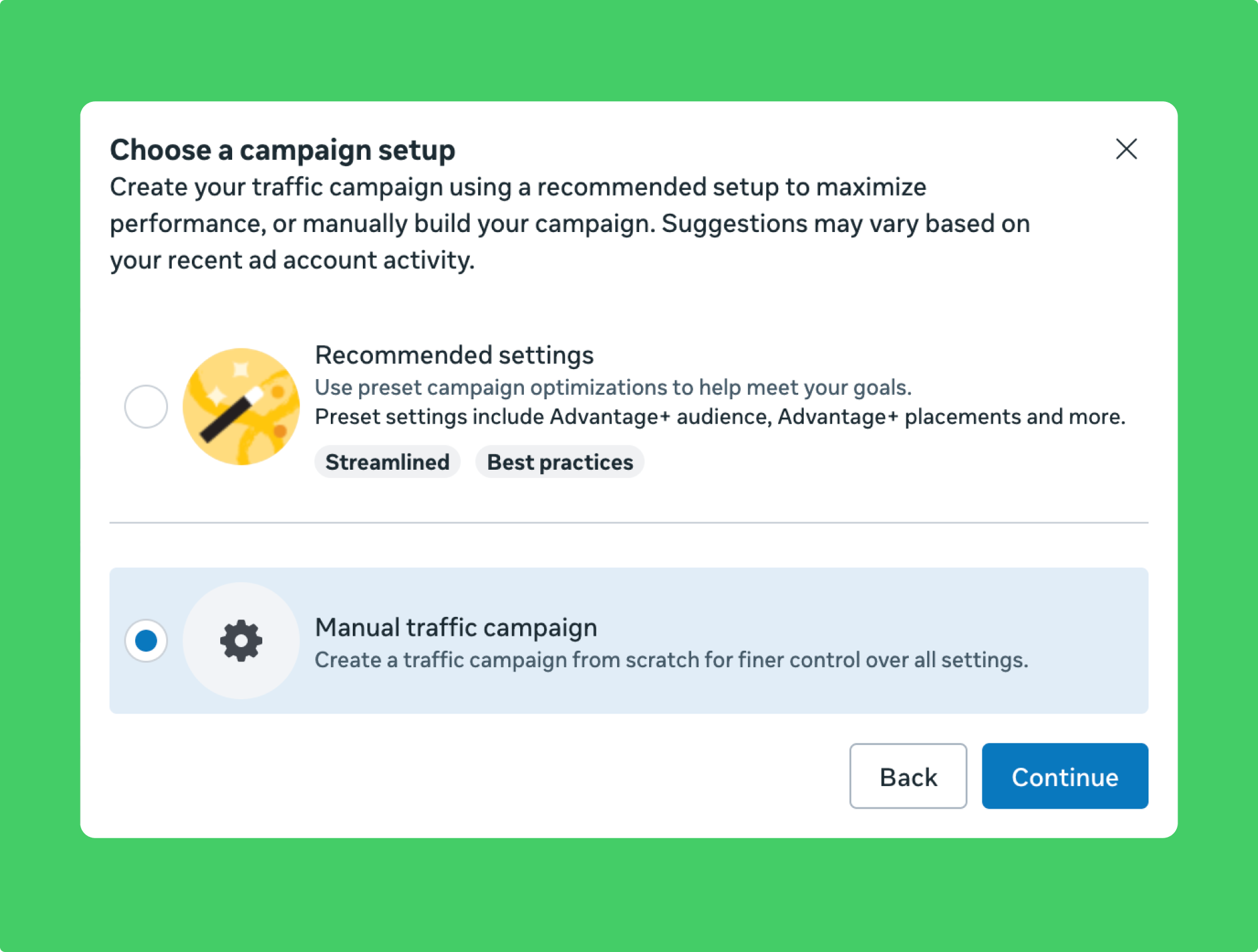 Meta Ads Manager interface displaying the campaign setup step, highlighting the “Manual traffic campaign” option for customizing WhatsApp ad connections.