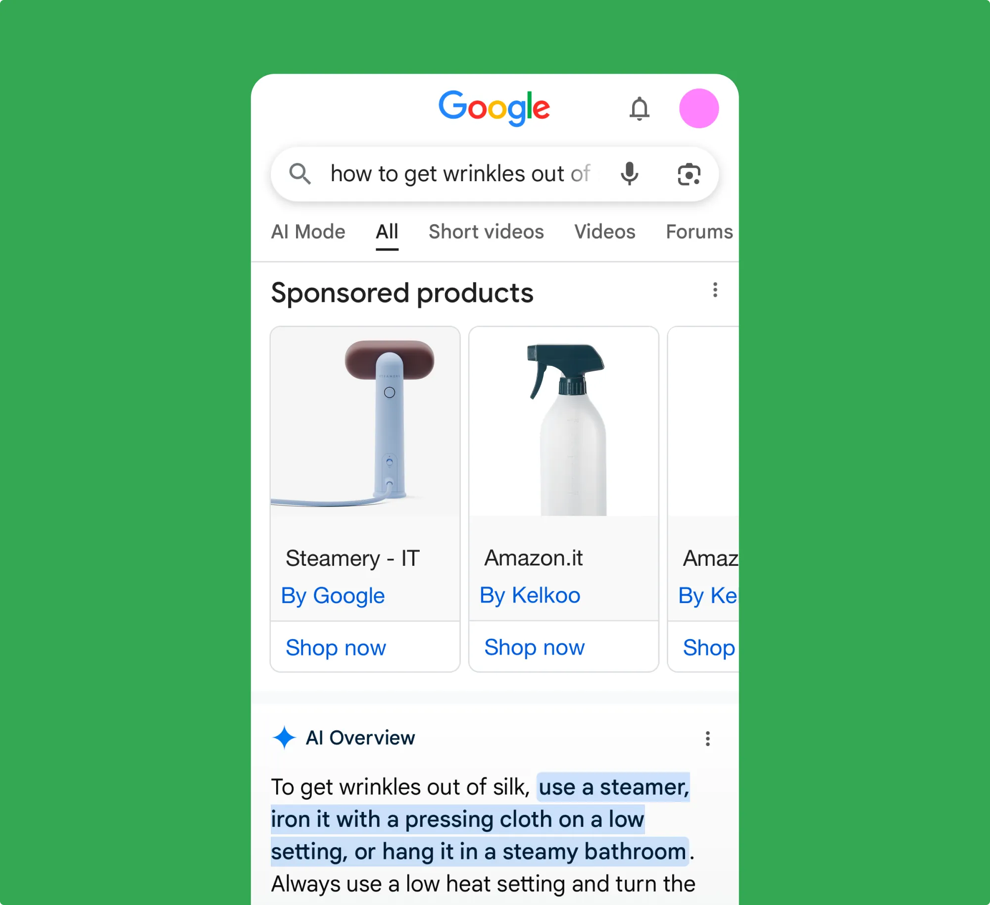 Google AI search results displaying ads tailored to the user's search intent.