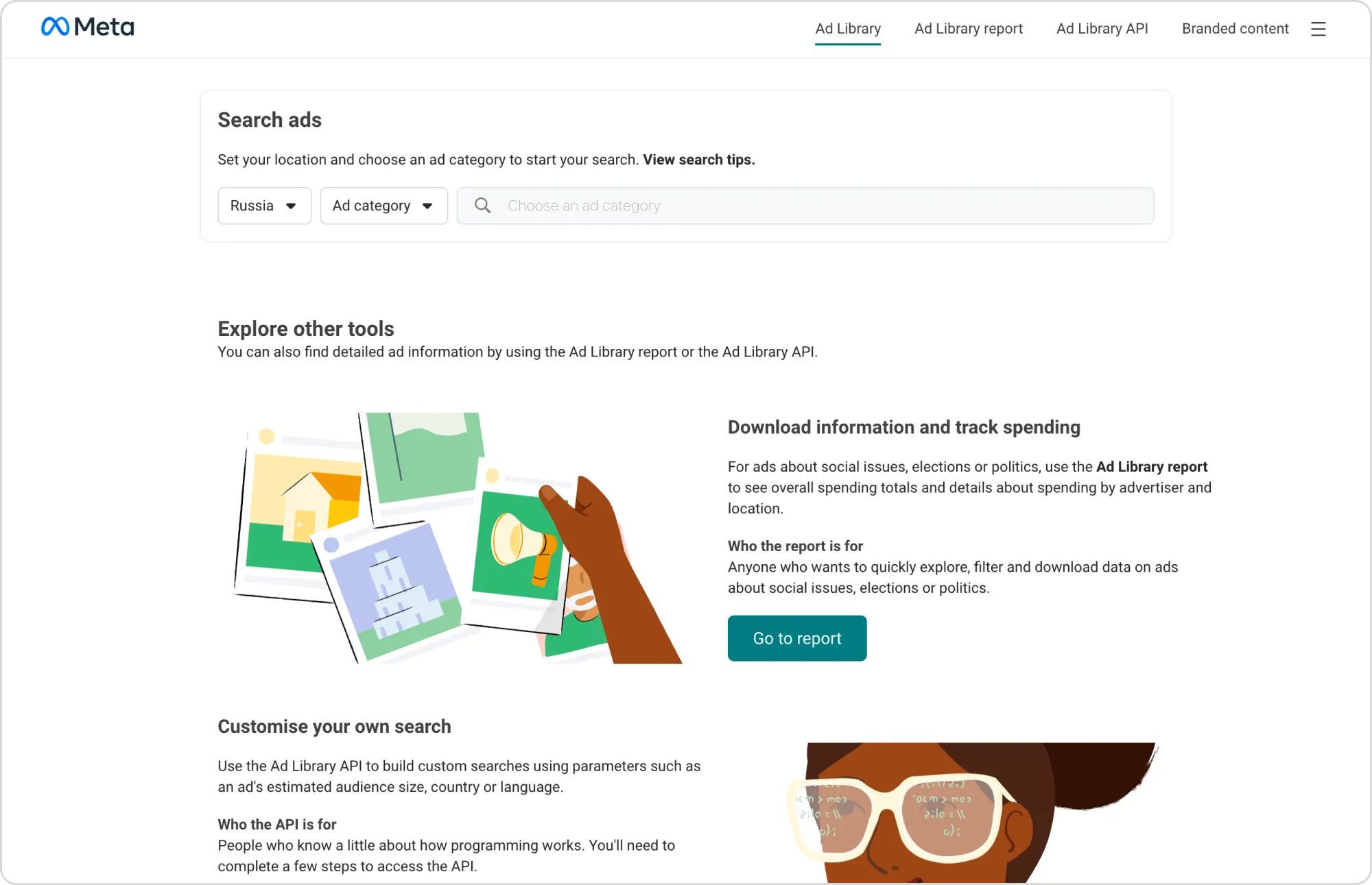 The Meta Ad Library homepage features a search bar to select the country, ad category, and brand name.