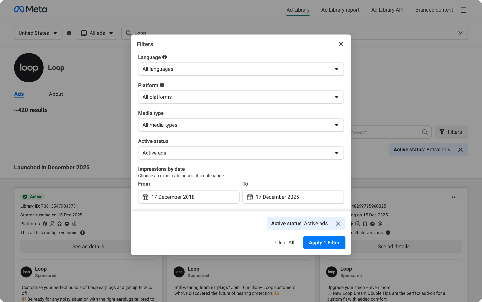 The screenshot displays the Meta Ad Library filter window, which lets you select language, platform, media type, active status, and impression date range.