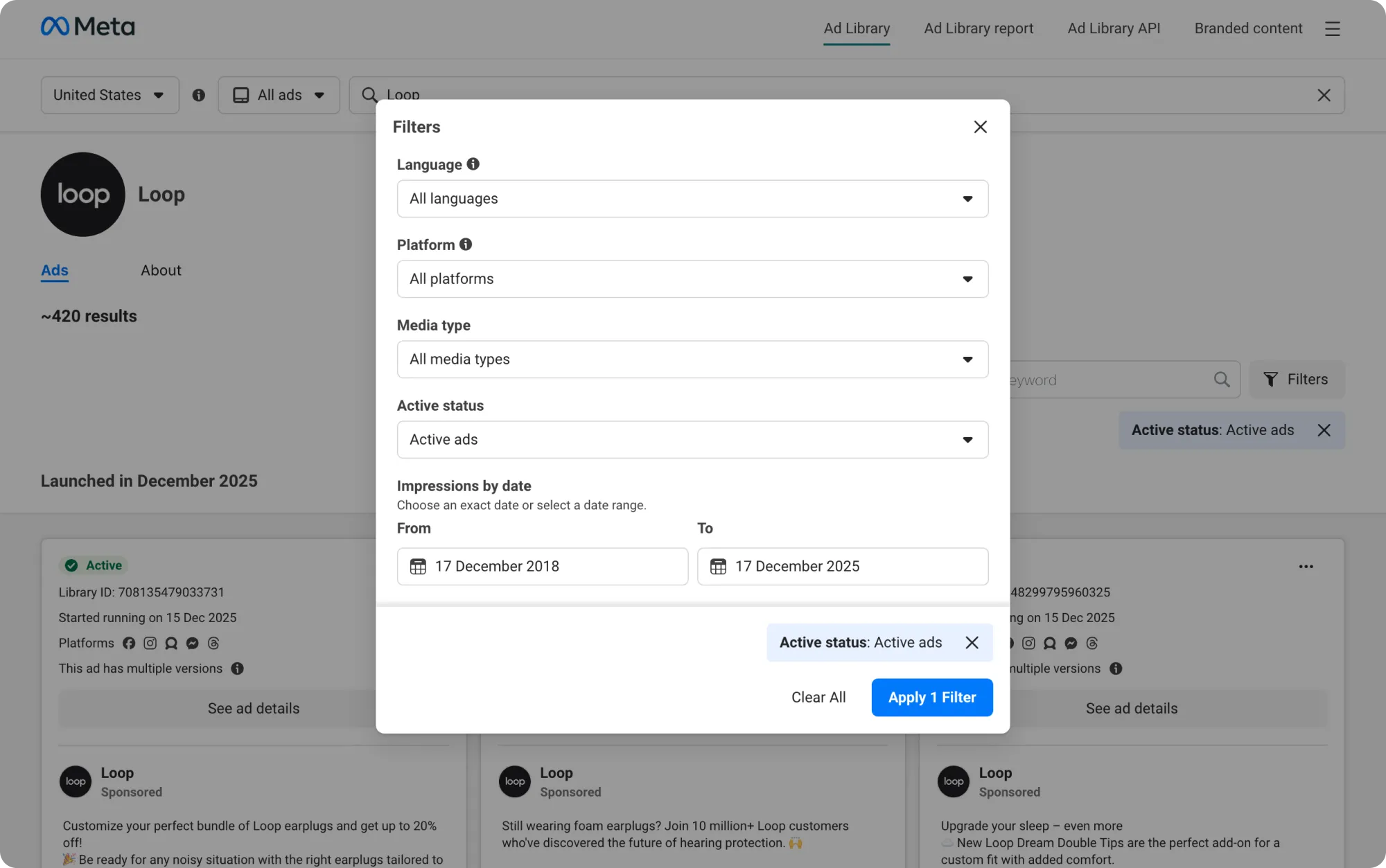 The screenshot displays the Meta Ad Library filter window, which lets you select language, platform, media type, active status, and impression date range.
