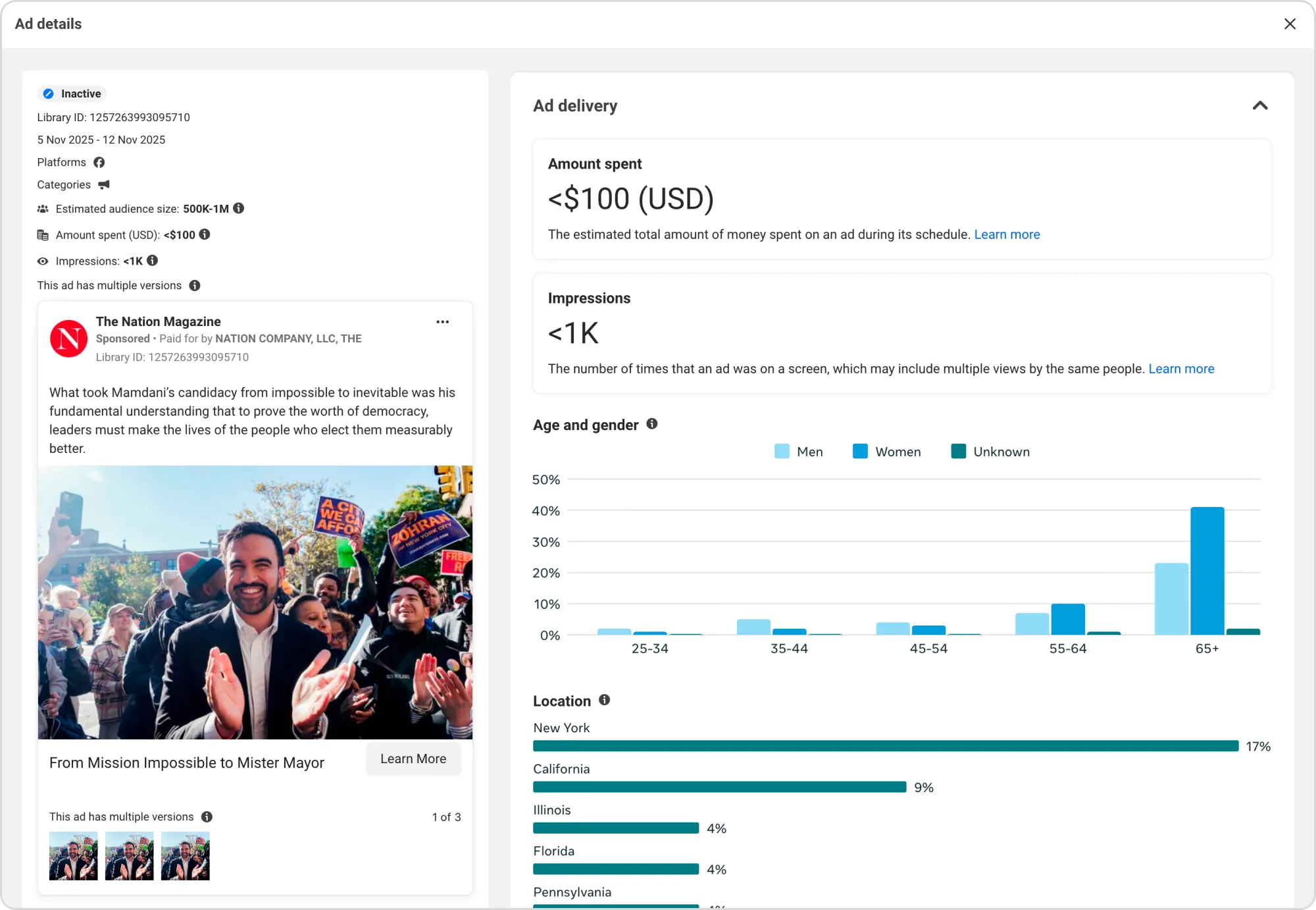 A political ad from The Nation Magazine showcasing Zohran Mamdani, the newly elected official, in an article about the NYC mayoral election.