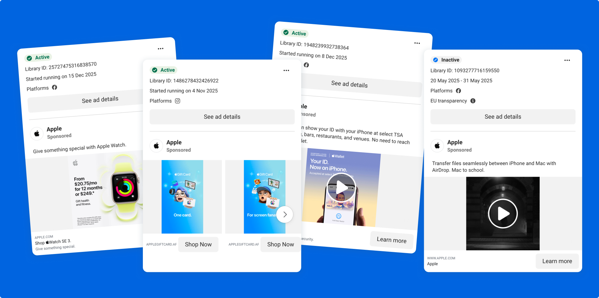 Various active and inactive ads from the Apple, featuring static and video creatives over time.