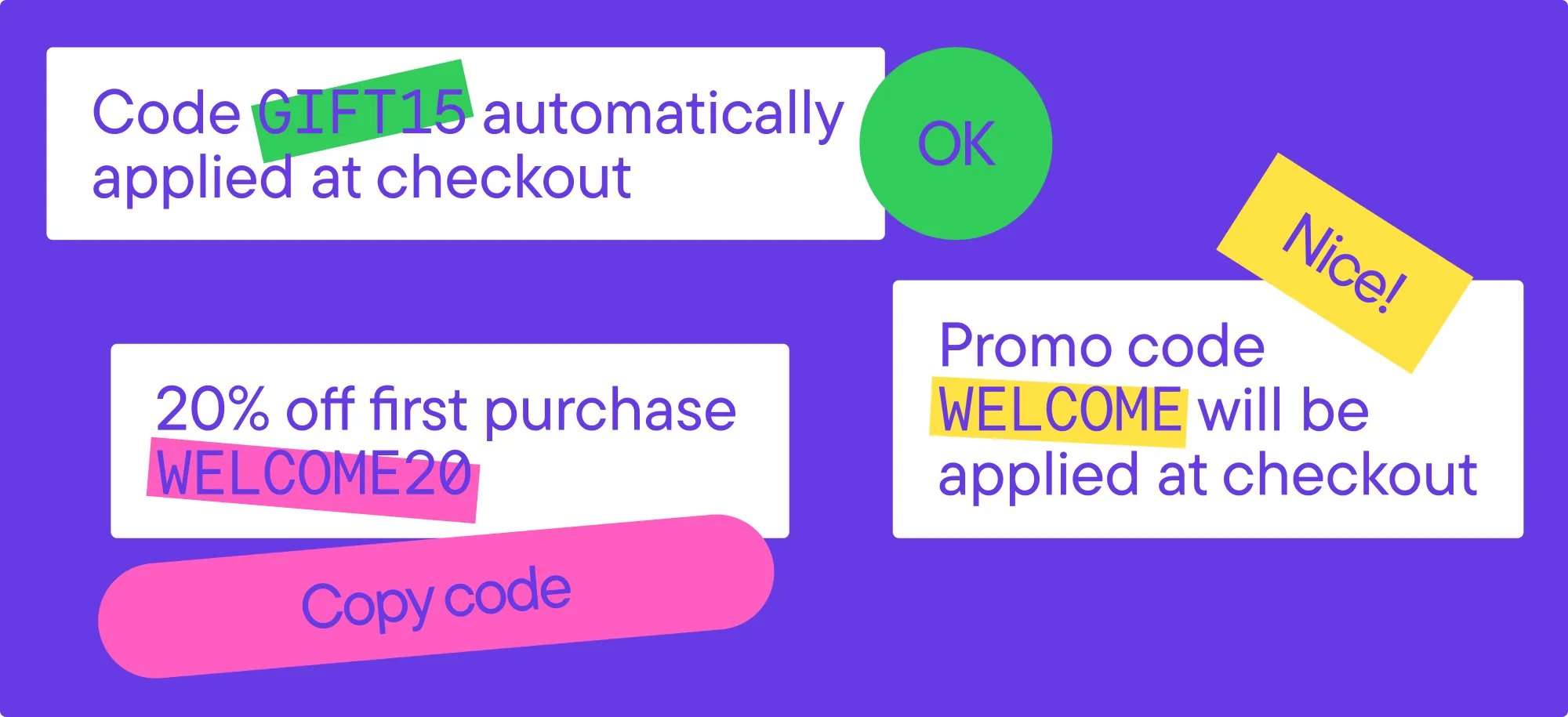Three pop-up windows showing Meta’s Highlight your promotions: Facebook auto-apply, Facebook copy-code, and Instagram auto-apply