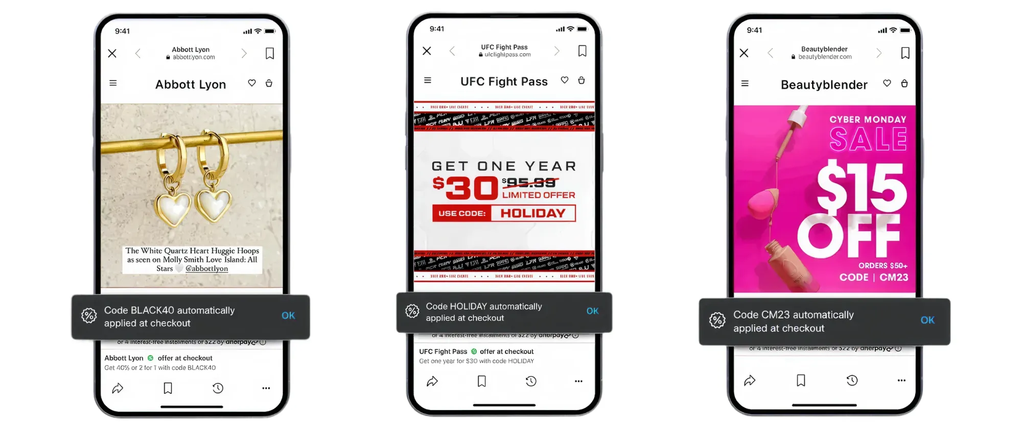 Examples of Abbott Lyon, UFC, and Beauty Blender using Highlight your promotions in Meta campaigns.
