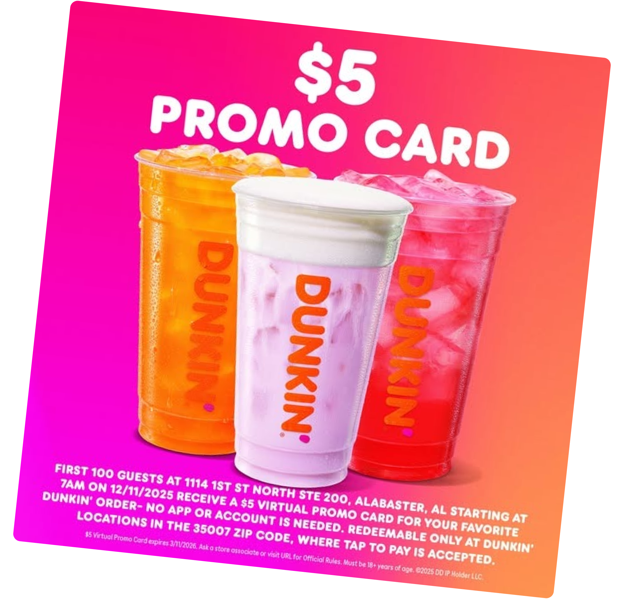 Dunkin’ ad featuring a bright pink background and a $5 promo card with iced drinks, highlighting a limited-time in-store offer.