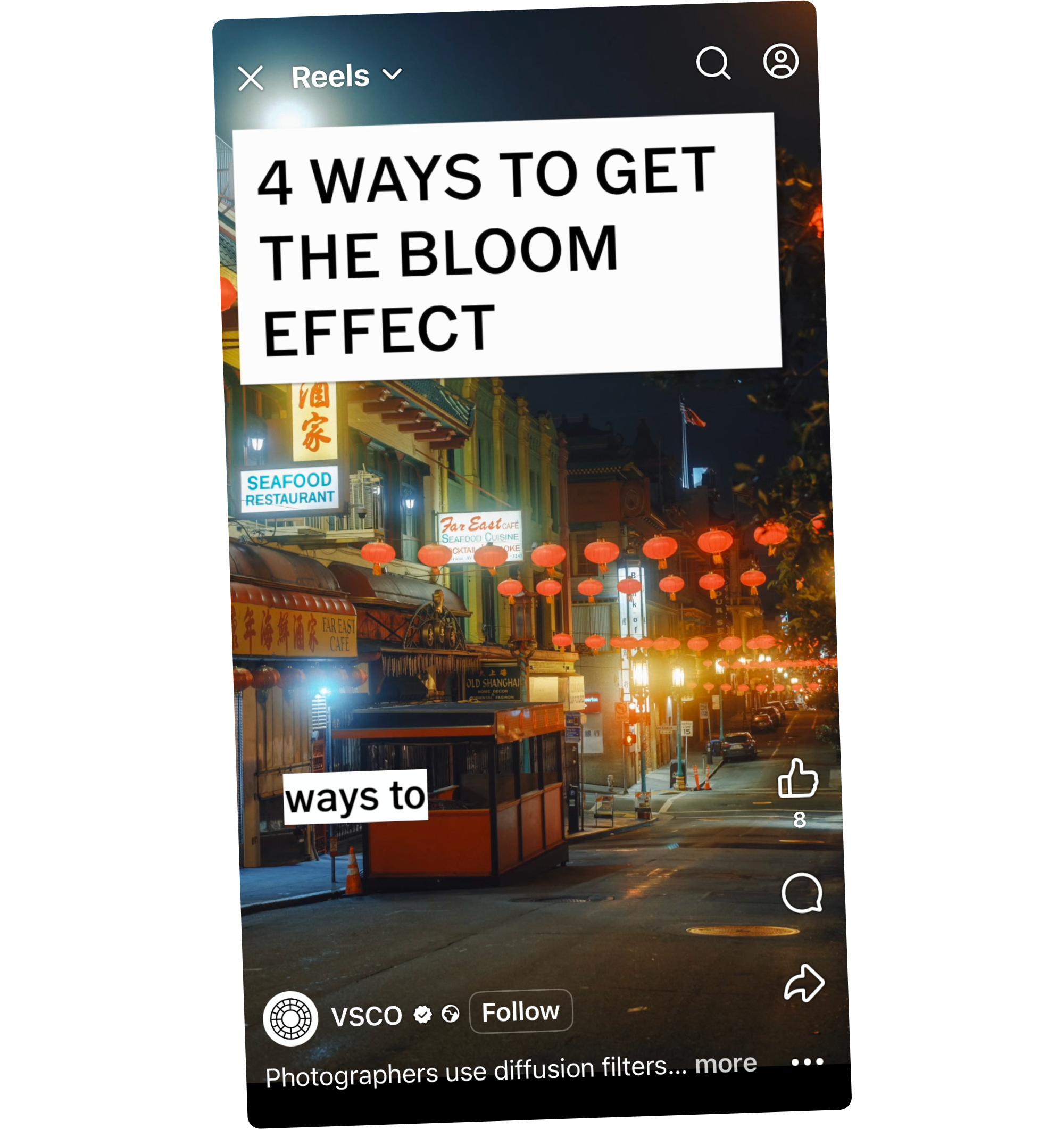 VSCO Facebook ad video showing bold on-screen text reading “4 ways to get the bloom effect”