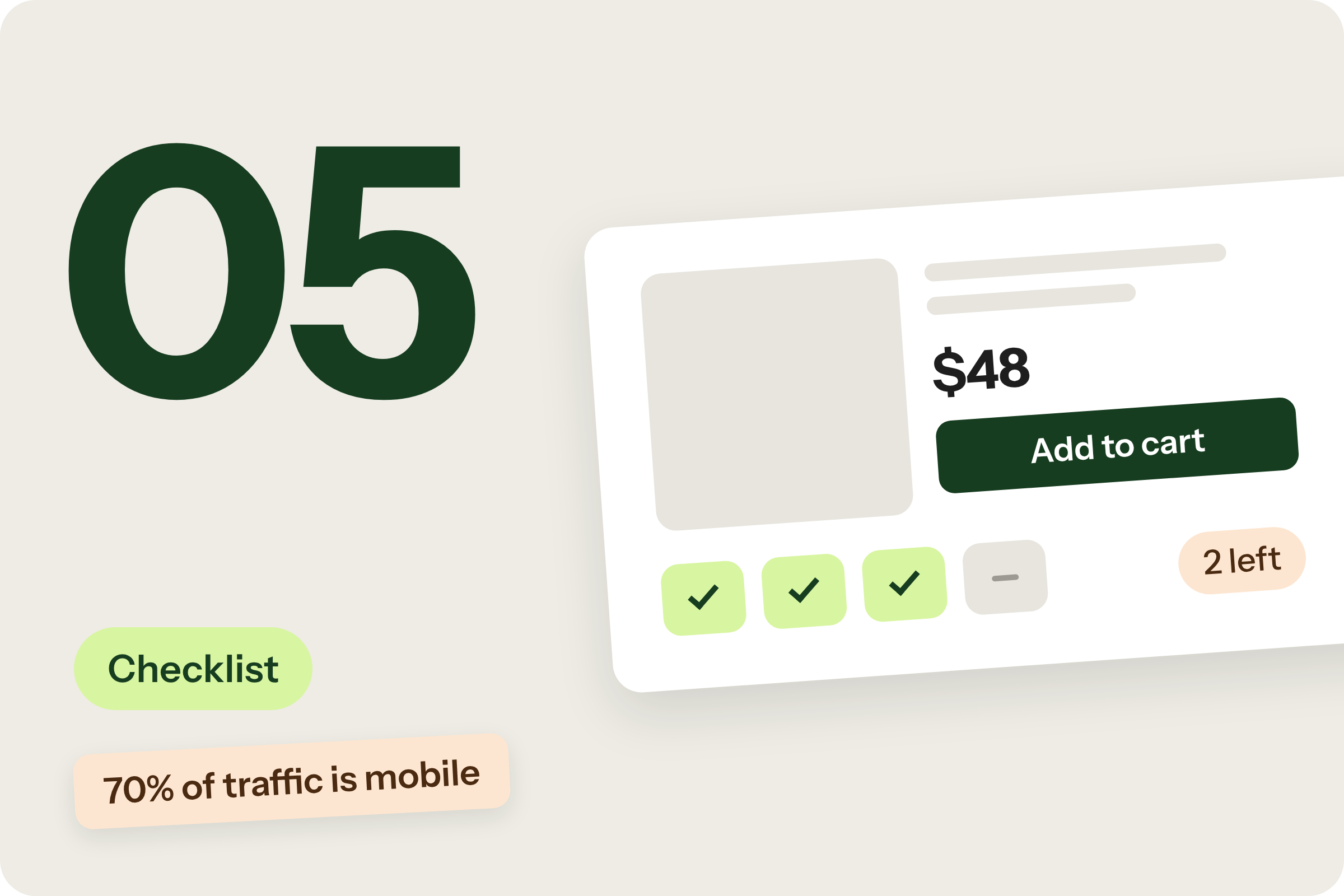 Shopify product page checklist with a mini PDP mockup and check marks