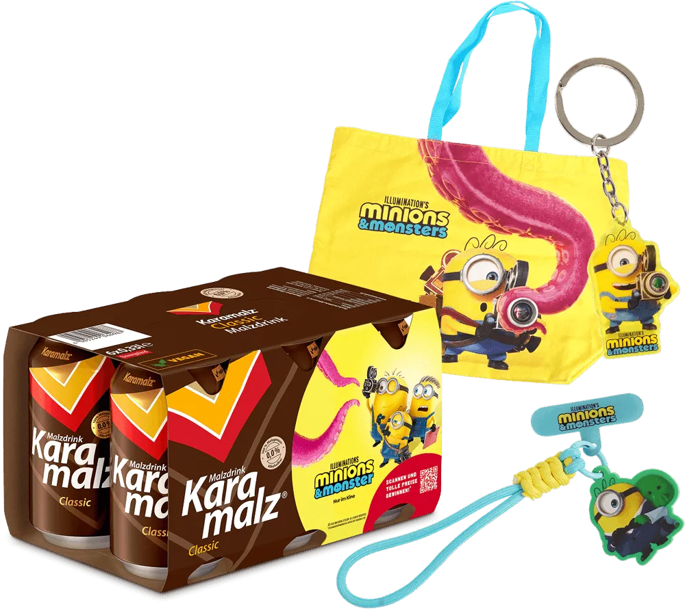 Karamalz Classic Malzdrink mit Minions & Monsters Tasche, Schlüsselanhänger und Armband.