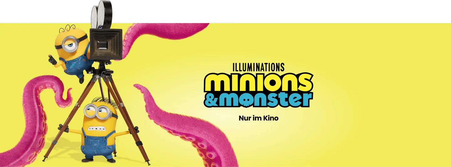 Zwei Minions bedienen alte Filmkamera, umgeben von pinken Krakenarmen vor gelbem Hintergrund.