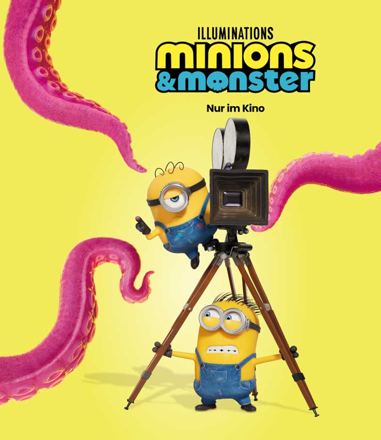 Zwei Minions bedienen alte Filmkamera, umgeben von pinken Krakenarmen vor gelbem Hintergrund.