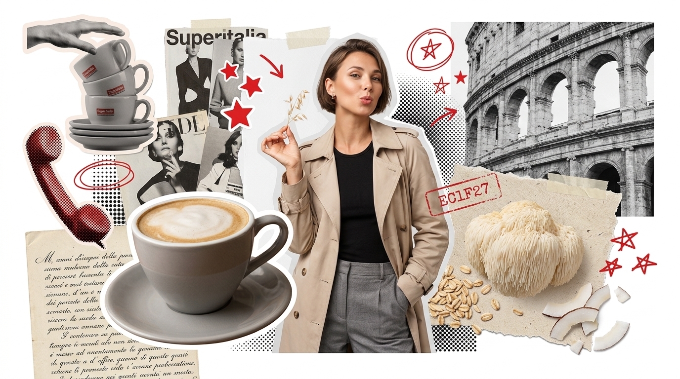 Collage of a woman in a trench coat holding an oat sprig beside a cappuccino, Superitalia cups, lion's mane mushroom, oats, coconut and the Colosseum