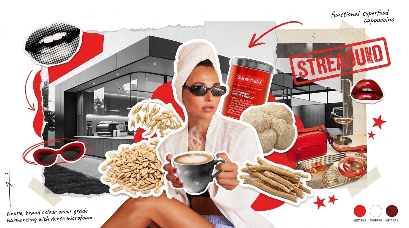Collage of a woman in a bathrobe and sunglasses holding a cappuccino beside a Superitalia Sustained Energy Boost tin, with oats and lion's mane mushroom
