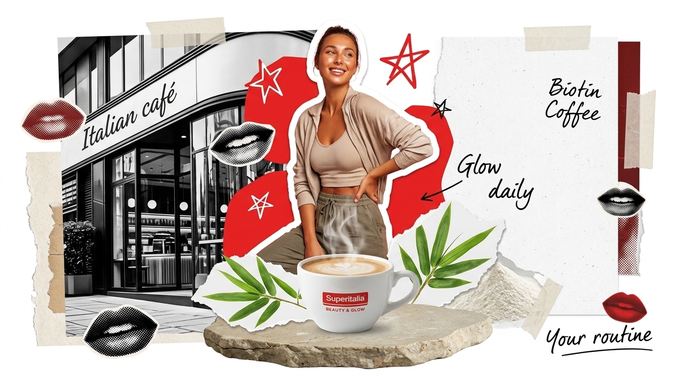 Collage of a smiling woman beside a Superitalia Beauty & Glow cappuccino cup with bamboo leaves, an Italian cafe and the notes Biotin Coffee, Glow daily, Your routine
