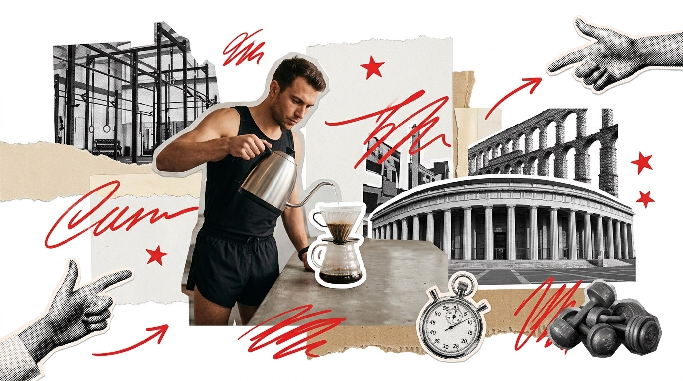 Collage of an athlete brewing pour-over coffee in a gym setting with a stopwatch, dumbbells and Roman architecture