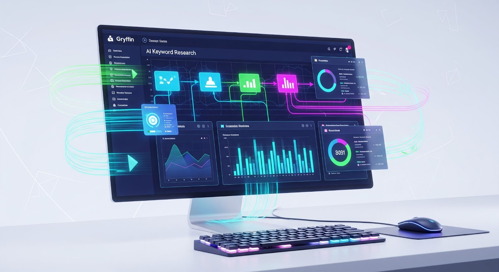 AI-driven keyword research dashboard with graphs and charts