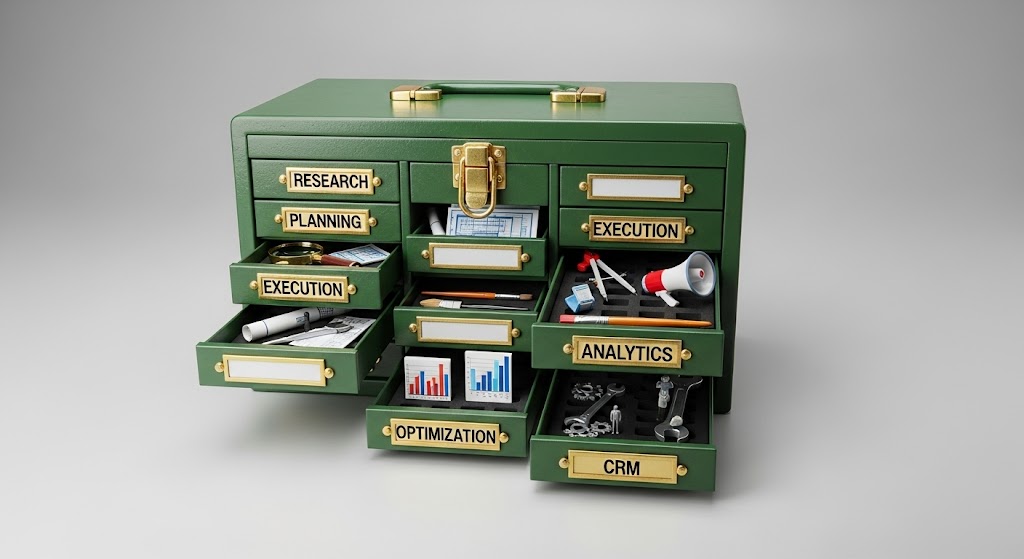 Green toolbox showing components like research and planning for small business marketing strategies