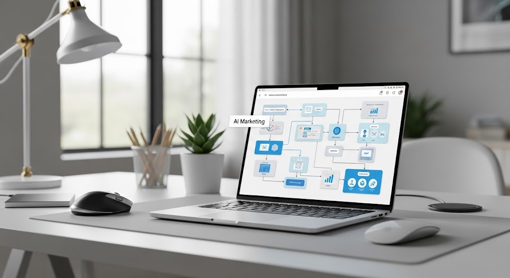 Laptop showing AI marketing automation software for SEO writing