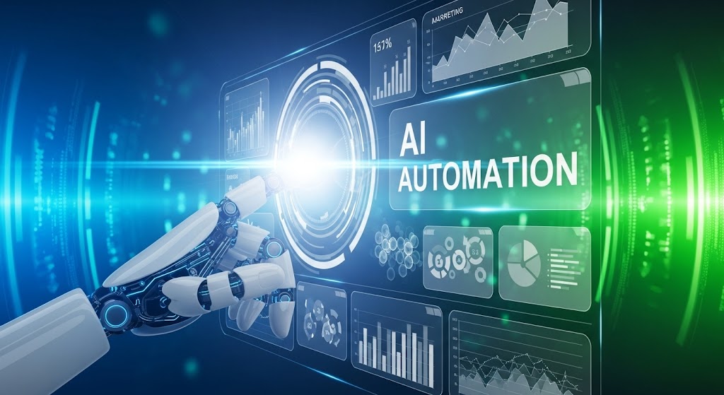 Robotic hand engaging with AI automation interface showing business analytics