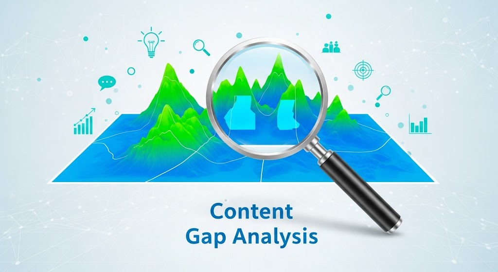 Illustration of content gap analysis with magnifying glass over a 3D map, related to SEO content gap analysis and competitor gap analysis content.
