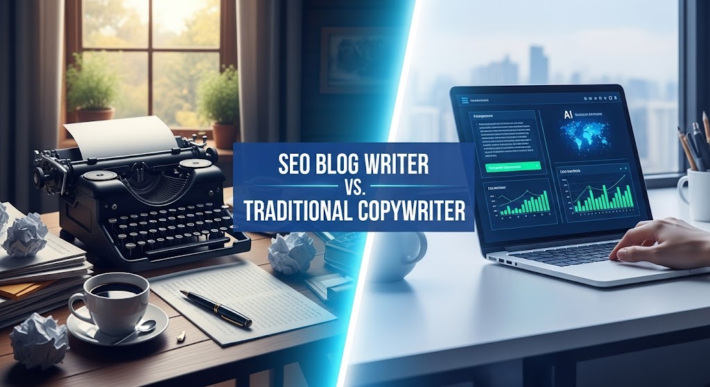 Comparison between a traditional copywriter's typewriter and an SEO blog writer's AI-driven laptop