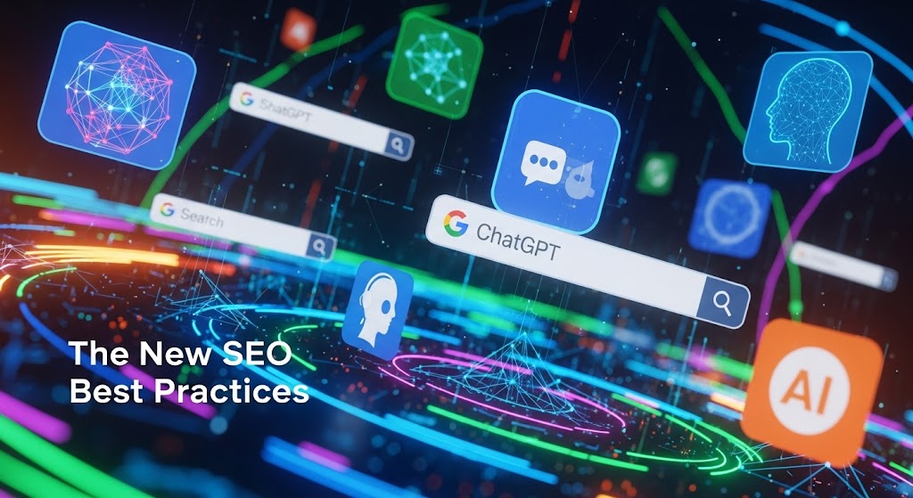 Illustration of digital icons representing SEO best practices