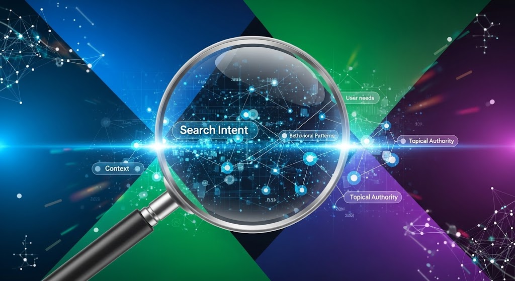 Illustration depicting types of search intent including context, user needs, and topical authority