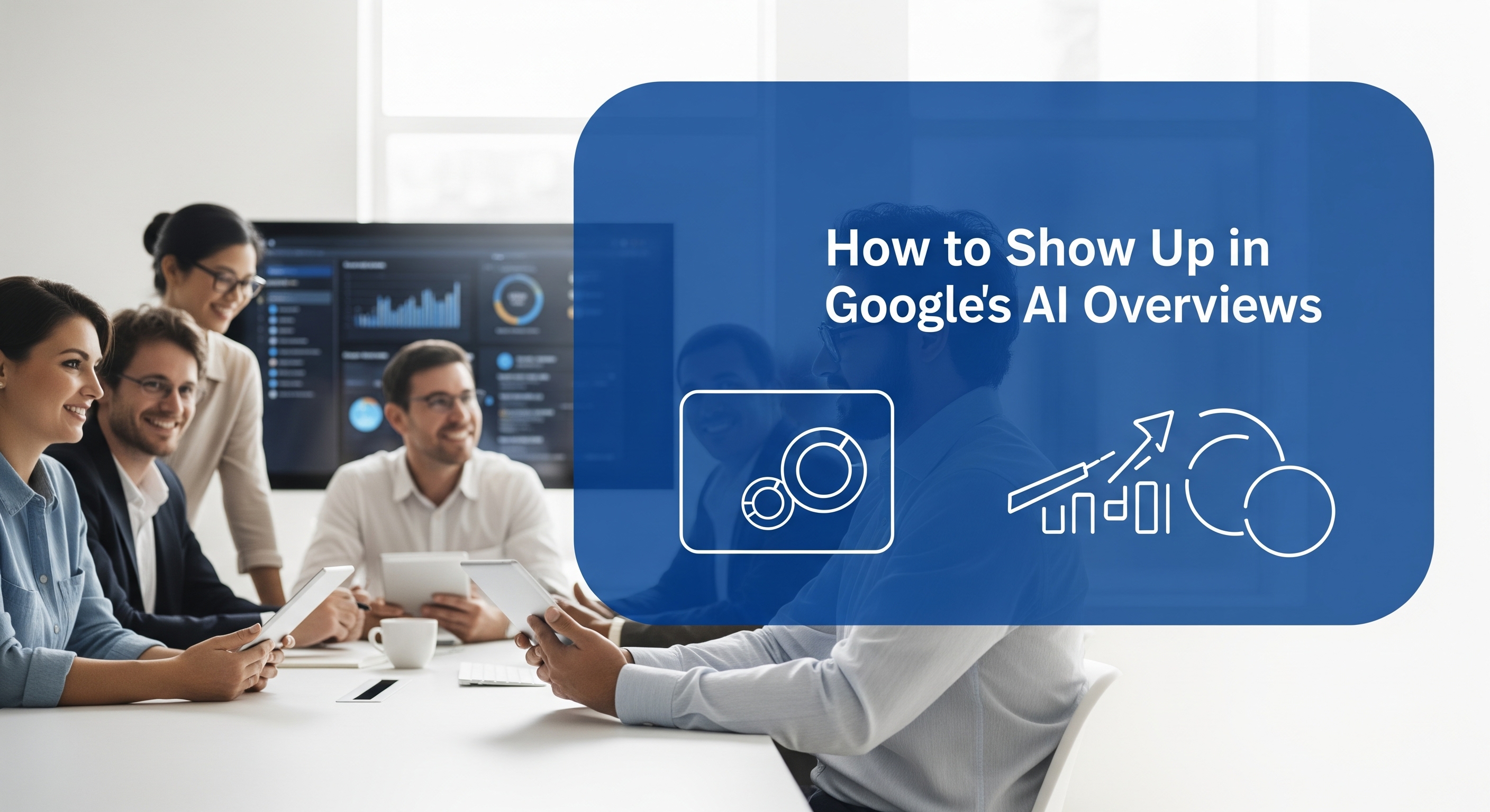 Professionals discussing how to show up in AI overviews for SEO strategy