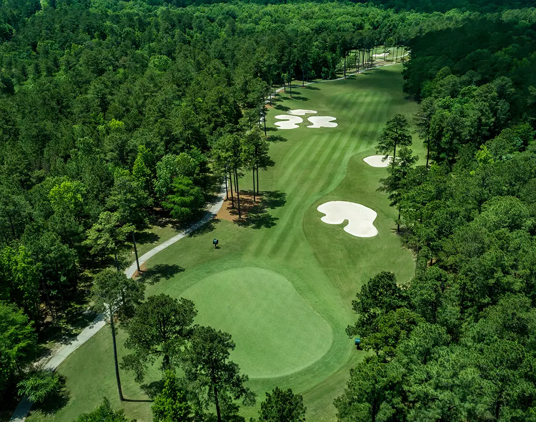 Aerial of a green golf course surrounded by trees