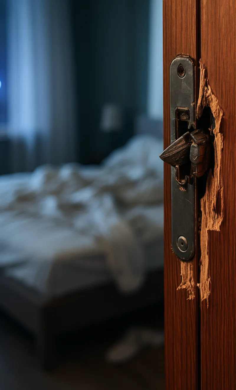 Alarmanlage mit Touchscreen an grauer Wand montiert in einem Einfamilienhaus. Im Hintergrund ein Wohnzimmer mit Fernseher und Sideboard.