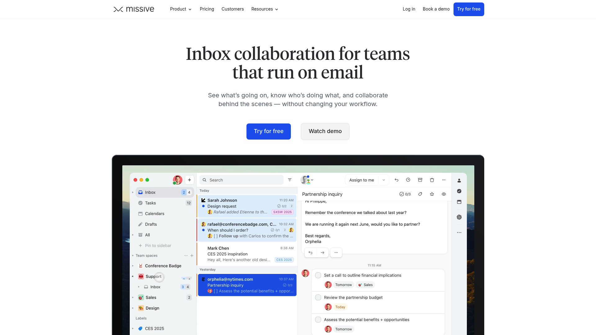 A screenshot of the Missive homepage, showcasing one of the top Google Groups alternatives for team collaboration.