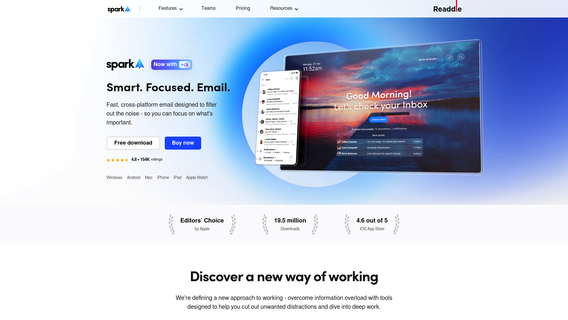 A screenshot of the Spark email app homepage, a tool to manage multiple email accounts.