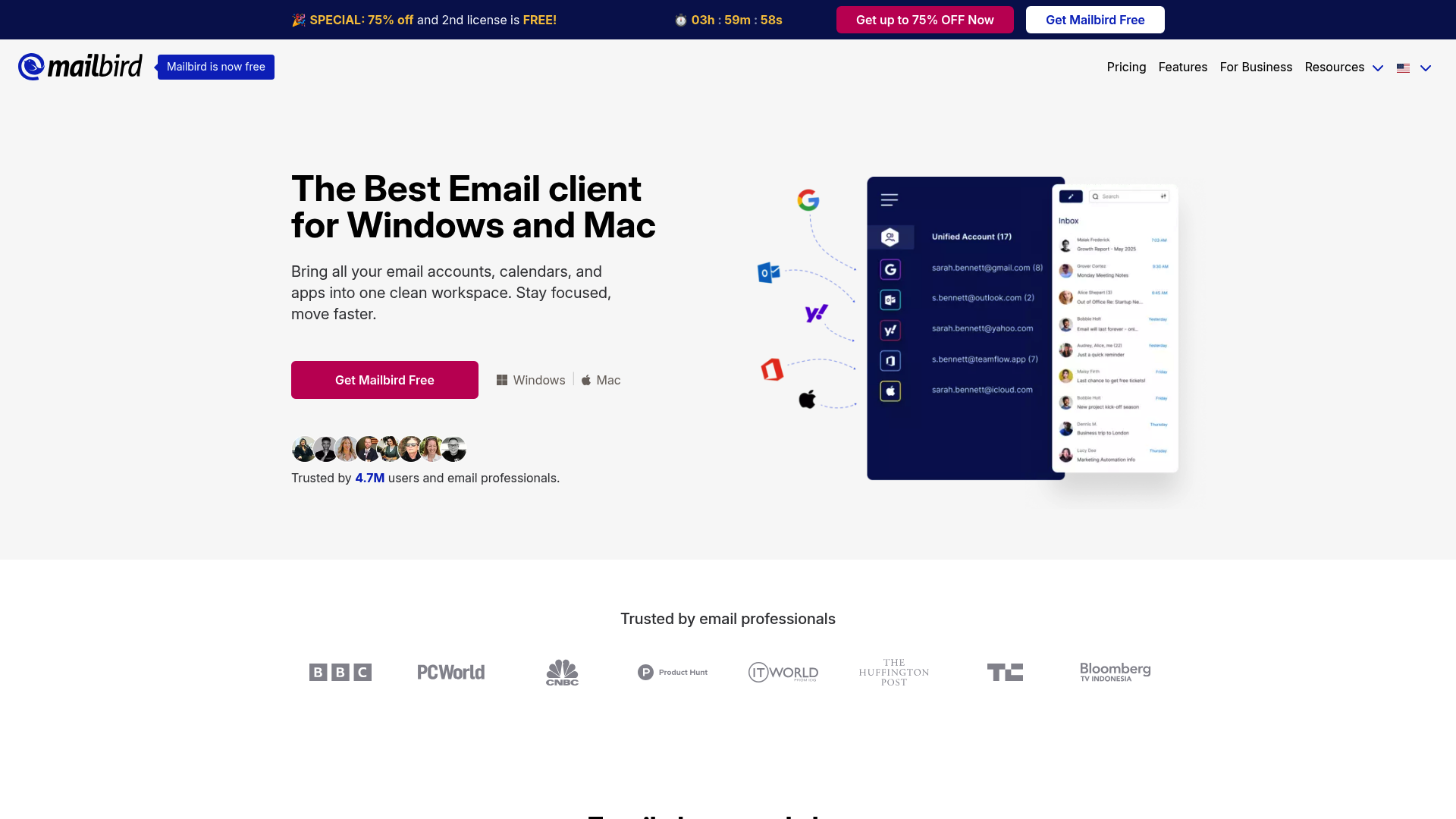 A screenshot of the Mailbird homepage, an app to manage multiple email accounts.
